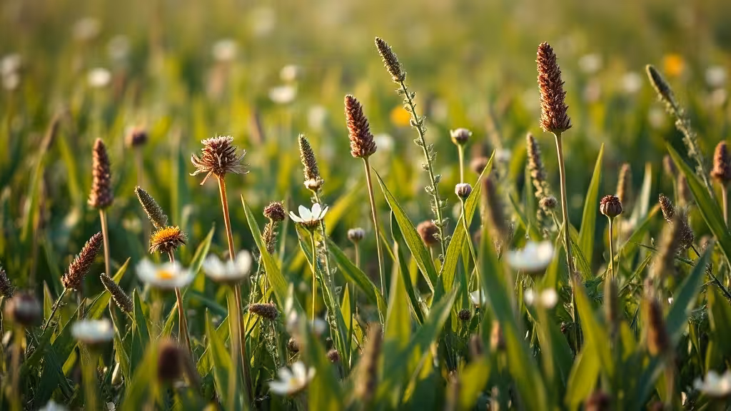 Prairie printanière avec plusieurs essbare Wildkräuter reconnaissables, dont pissenlits, pâquerettes et plantains.