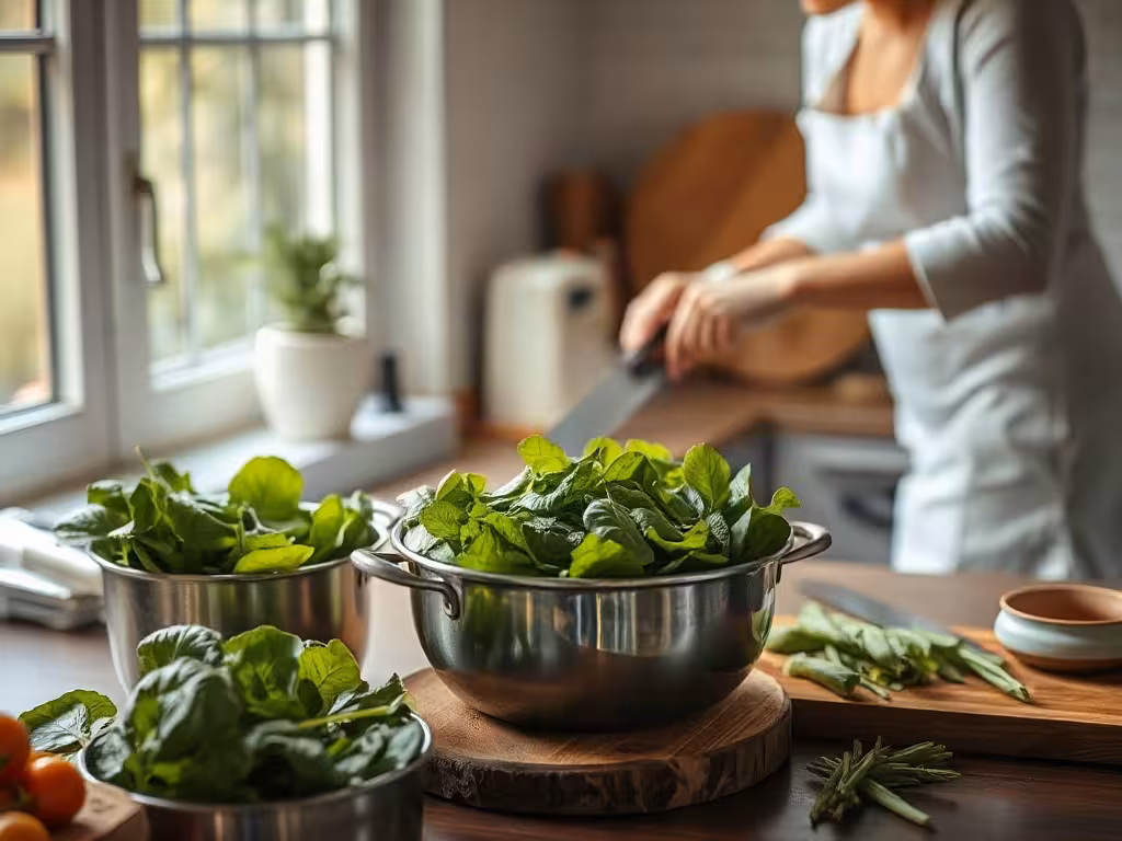Préparation en cuisine de essbare Wildkräuter fraîchement triées dans une passoire.