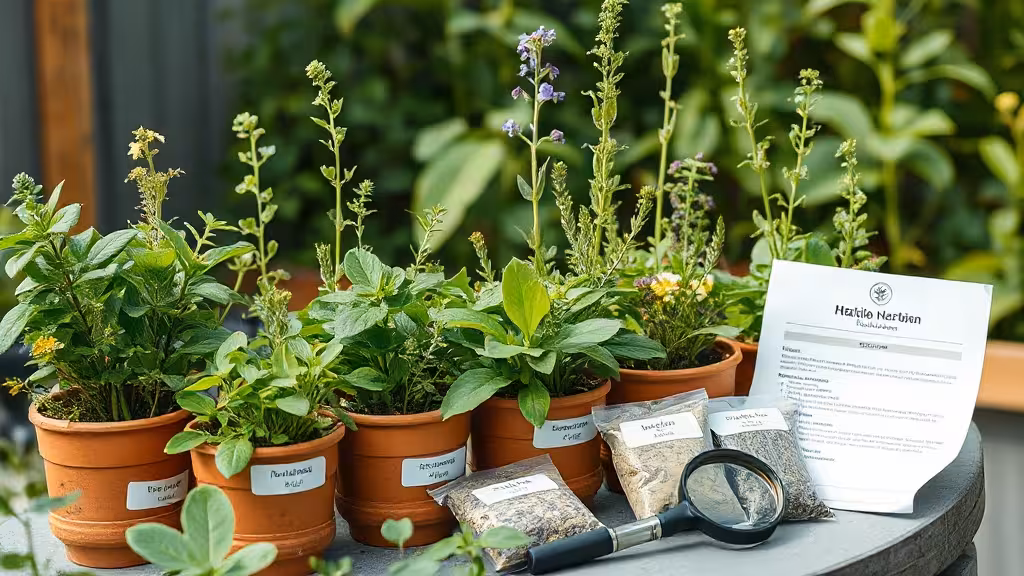 Heilkräuter kaufen: verschiedene Kräuterpflanzen und neutral verpacknete getrocknete Kräuter im Garten.