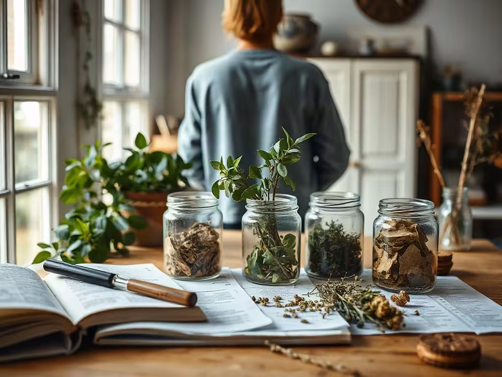 Préparation botanique montrant comment la phytothérapie utilise des substances végétales identifiées.