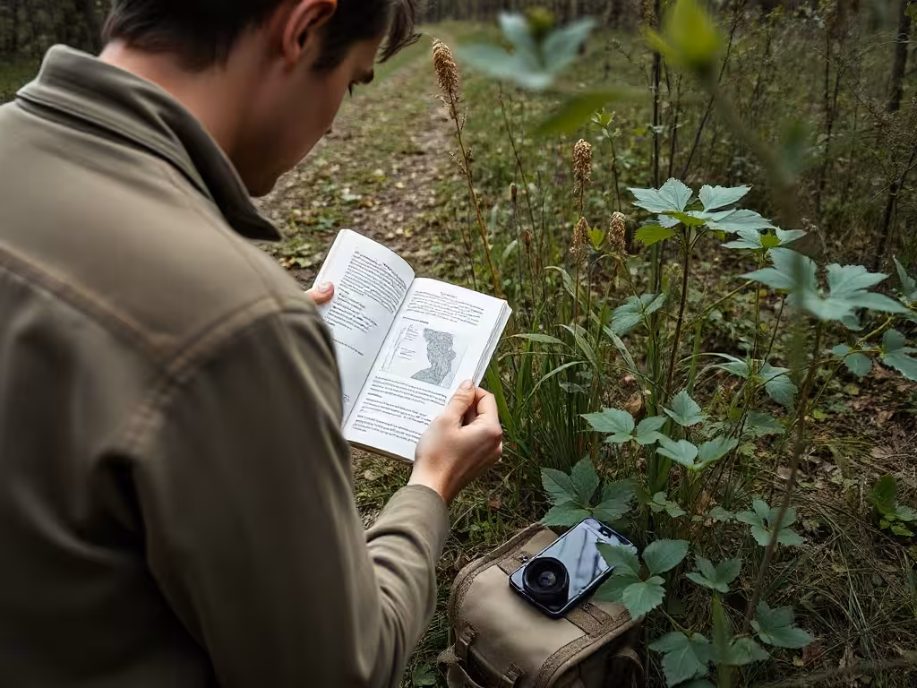 Personne utilisant livre, loupe et application pour identifier des plantes sauvages avec prudence.